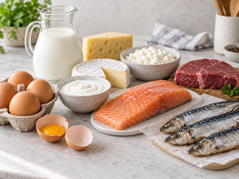Рыба, яйца, молочные продукты и обогащённые хлопья как источники витамина B12, содержащего кобальт